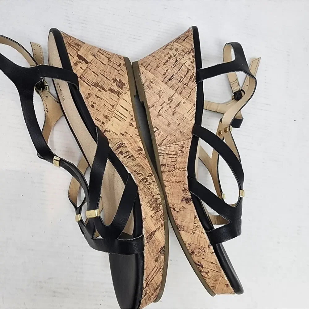 Stevies Black Cork Wedge Sandals‎ Strappy Low Platform Wedge Women's Gift Size 4